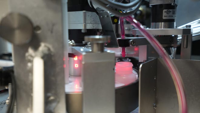 Inside the Zing machine, built by Opio, a tube that delivers methadone delivers an accurate dose for people with opioid use disorder at CompDrug on the North Side.